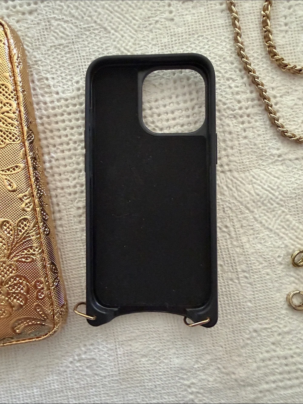 Gold Floral Embossed Phone Wallet Case with Matching Strap